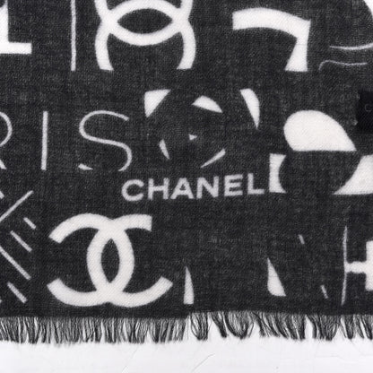 Chanel Cashmere Silk Scarf Shawl Black White 3 of 4