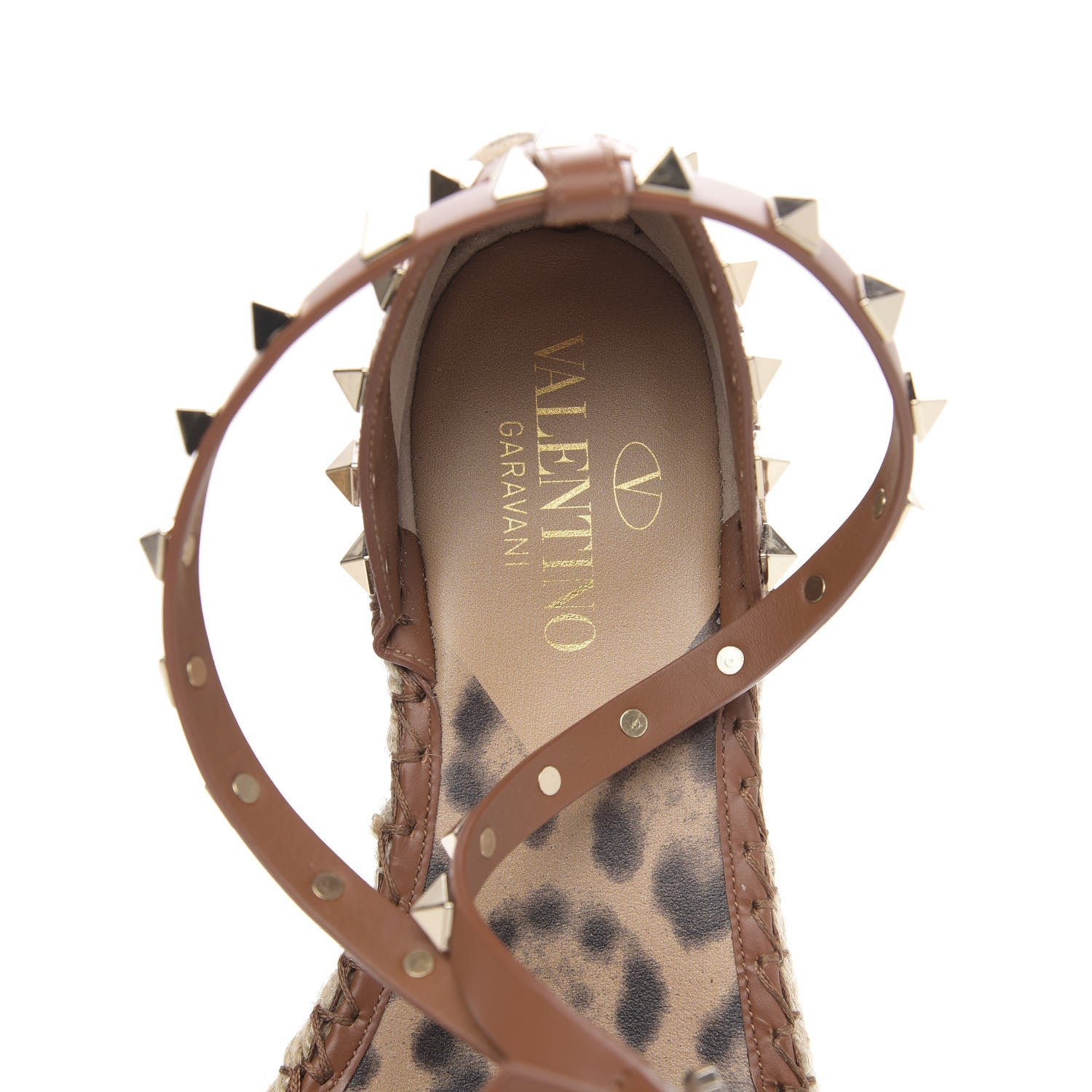 Valentino Garavani Canvas Leopard Print Rockstud Ankle Wrap Espadrille Flatform Sandals 36 Brown 6 of 7