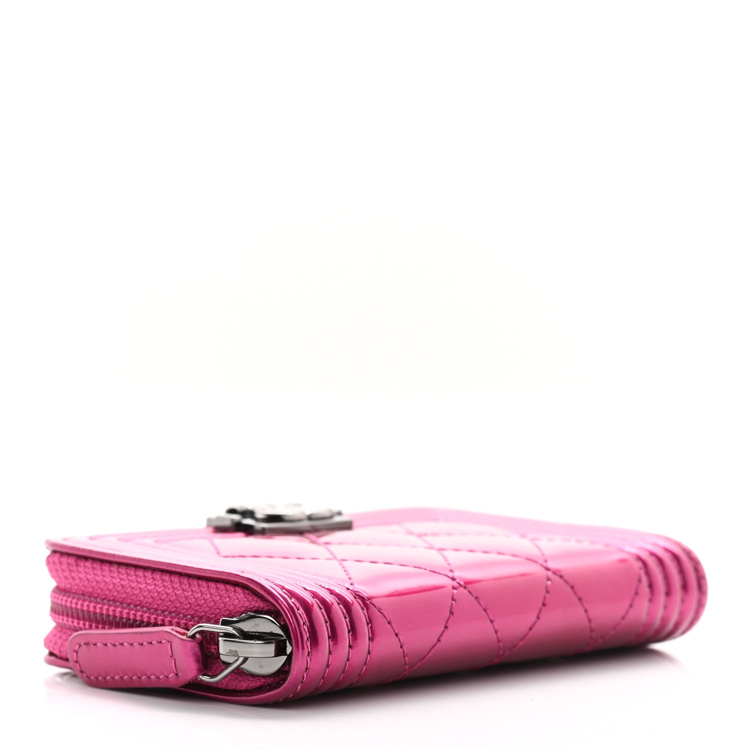 Chanel Metallic Patent Quilted Zip Around Boy Coin Purse Wallet Fuchsia 4 of 8