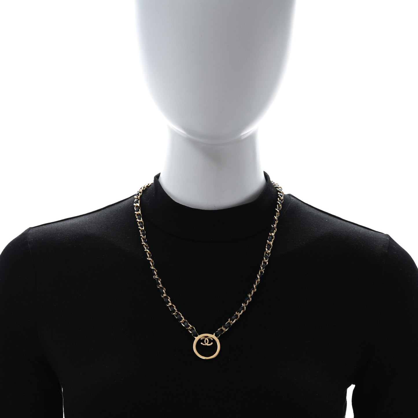 Metal Lambskin CC Round Long Necklace Gold Black