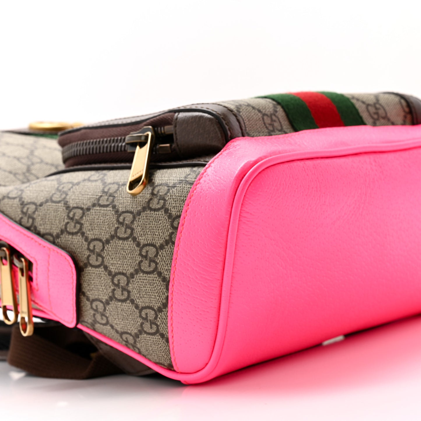 GG Supreme Monogram Textured Dollar Calfskin Web Small Ophidia Day Backpack Beige Ebony Fluorescent Fuchsia