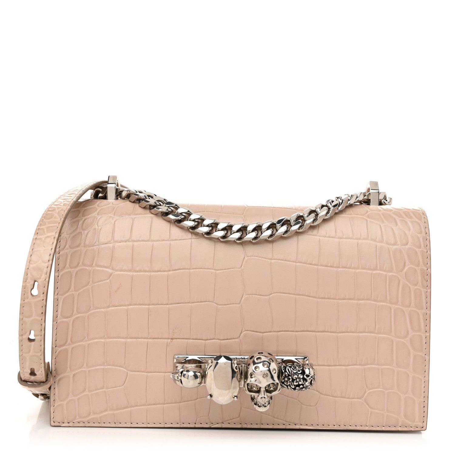 Alexander McQueen Shiny Crocodile Embossed Jeweled Satchel Sand 1 of 10