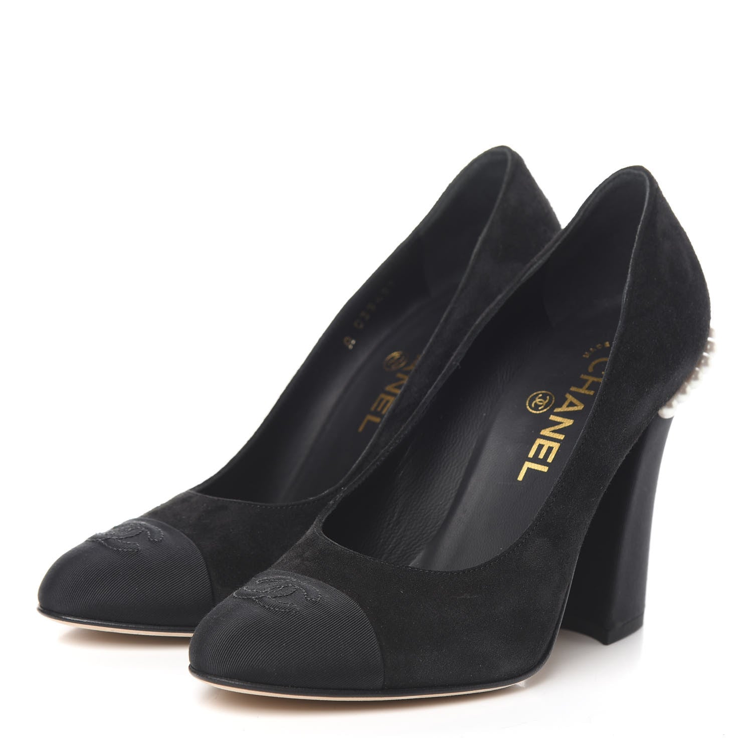 Chanel Suede Grosgrain Pearl CC Cap Toe Pump 37 Black 3 of 11