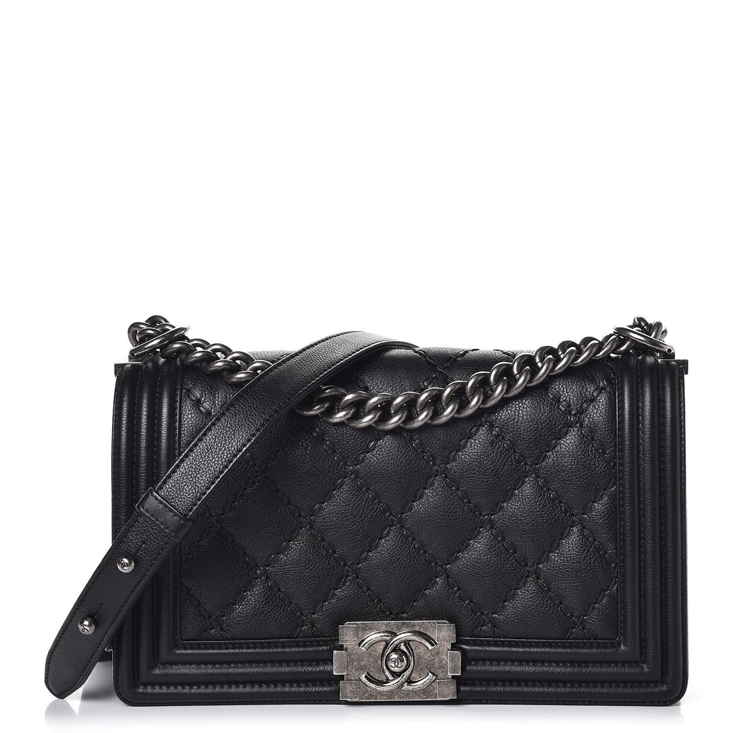Calfskin Double Stitch Medium Boy Flap Black