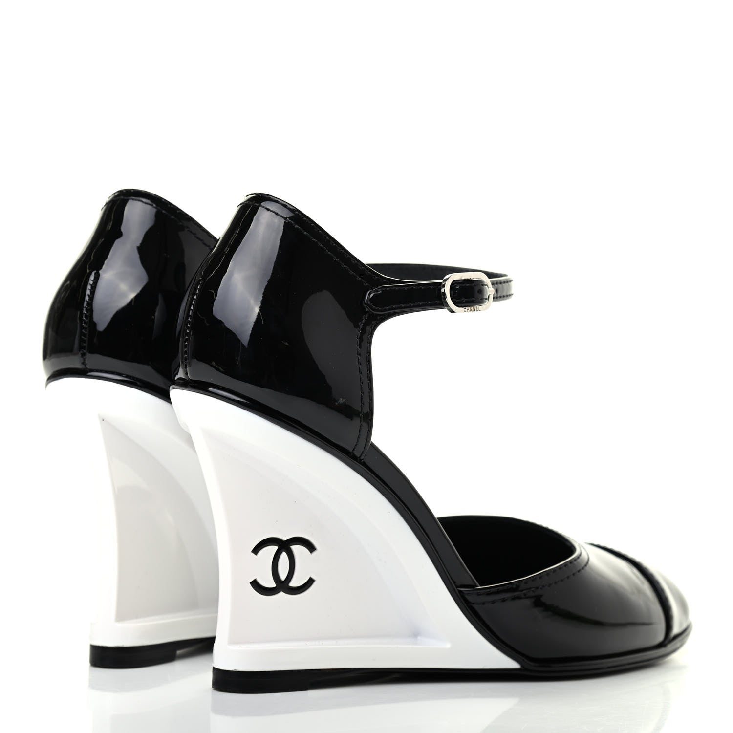 Chanel Patent Cap Toe CC Wedge Pumps 37.5 Black White 3 of 4
