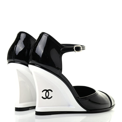 Chanel Patent Cap Toe CC Wedge Pumps 37.5 Black White 3 of 4