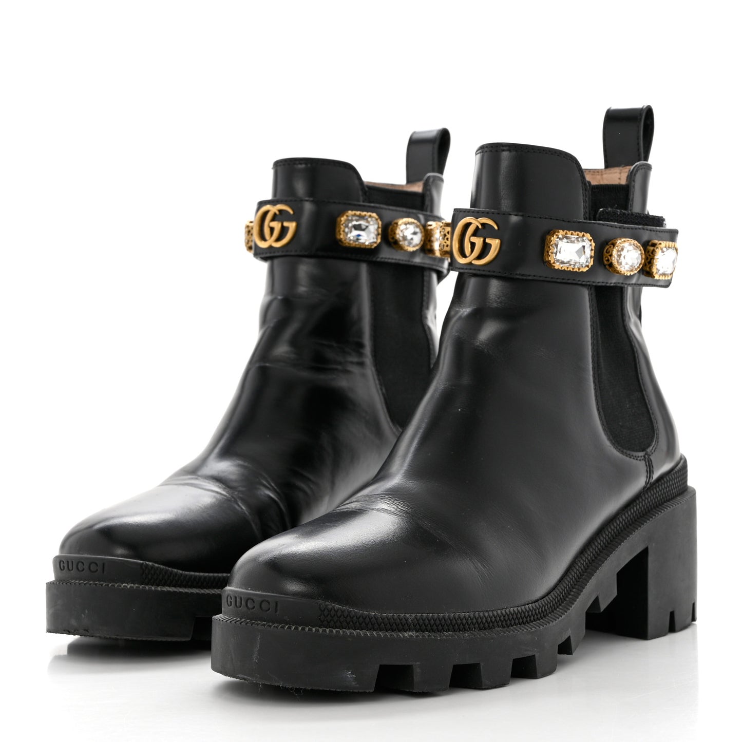 Calfskin Crystal GG Trip Chelsea Ankle Boots 38.5 Black
