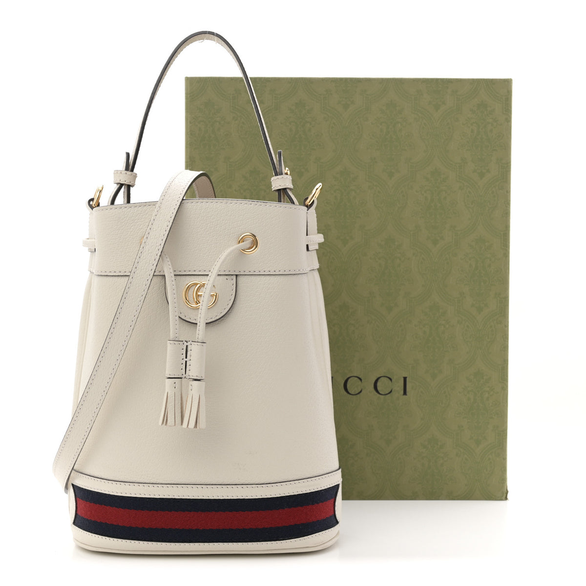 Gucci Glazed Textured Calfskin Web Small Ophidia Bucket Bag Mystic White 12 of 12