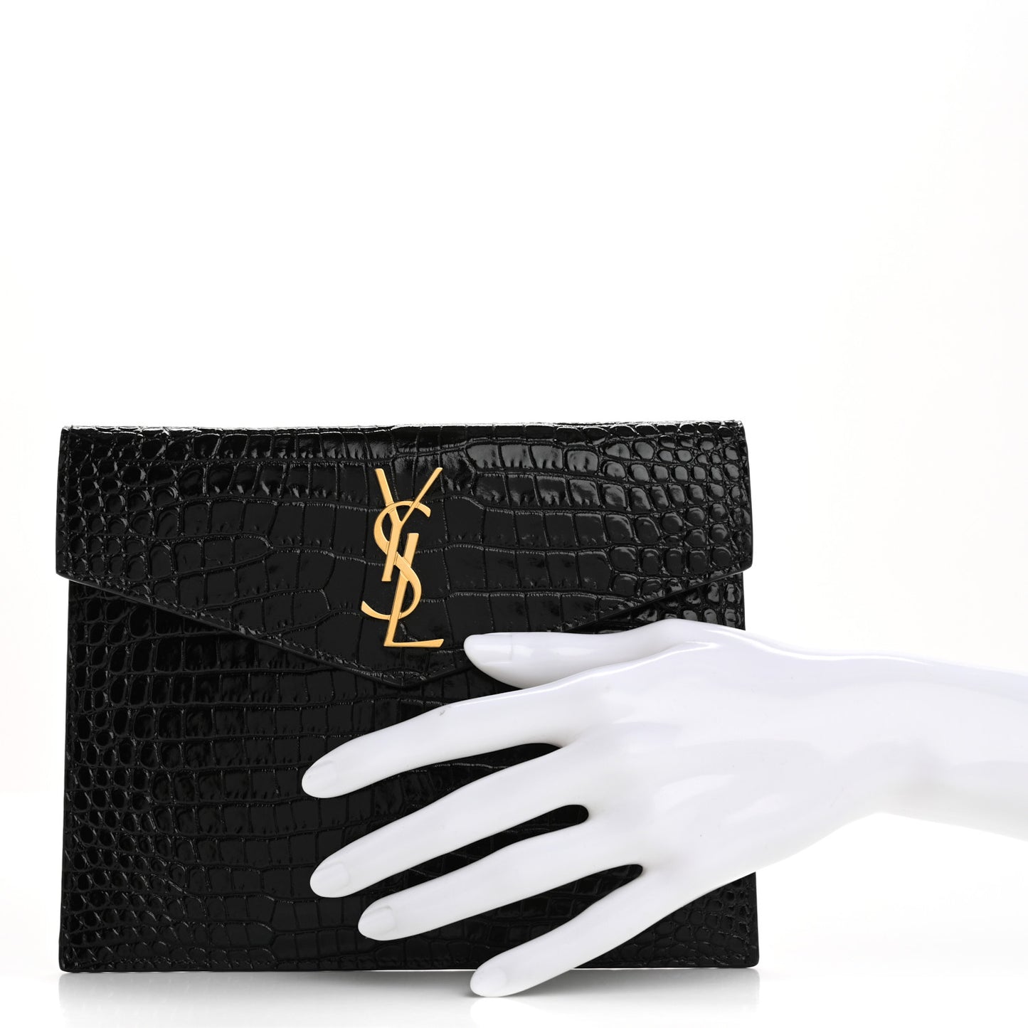 Calfskin Crocodile Embossed Monogram Uptown Baby Pouch Black