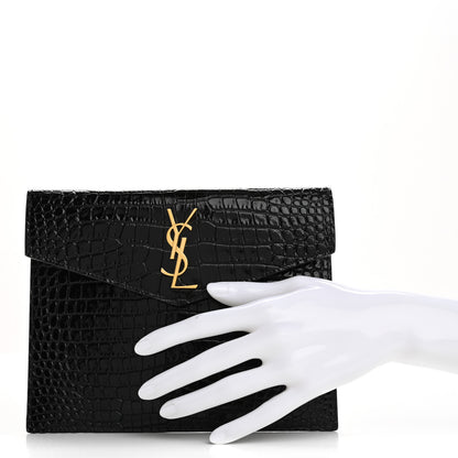 Saint Laurent Calfskin Crocodile Embossed Monogram Uptown Baby Pouch Black 2 of 8