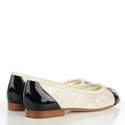 Chanel Lace Patent Calfskin Cap Toe CC Ballerina Flats 37 Off White Black 4 of 7