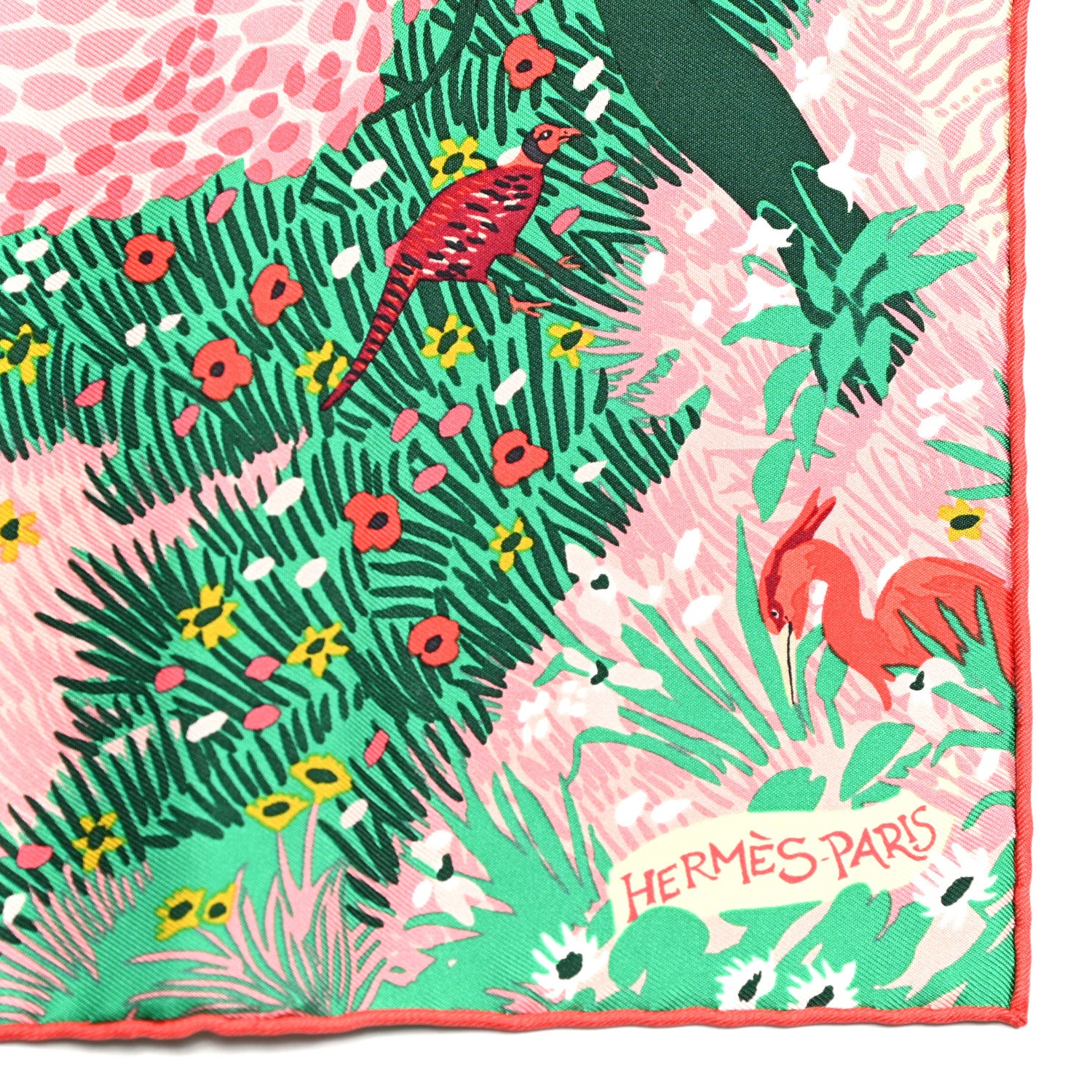 Hermes Silk Jersey Dans Un Jardin Anglais Pocket Square Rouge Vert Rose 3 of 4