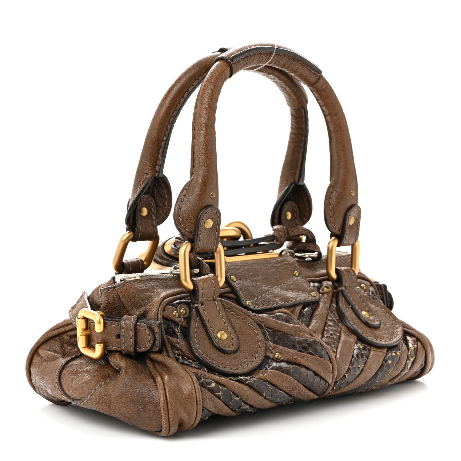 Chloé パディントン　チョコレートブラウン Chloe Snakeskin Grained Calfskin Chevron Paddington Brown 1828052