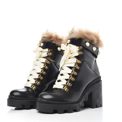 Gucci Magnum Calfskin Fur Pearl Lace Up Combat Ankle Boots 37 Black Naturale 2 of 7