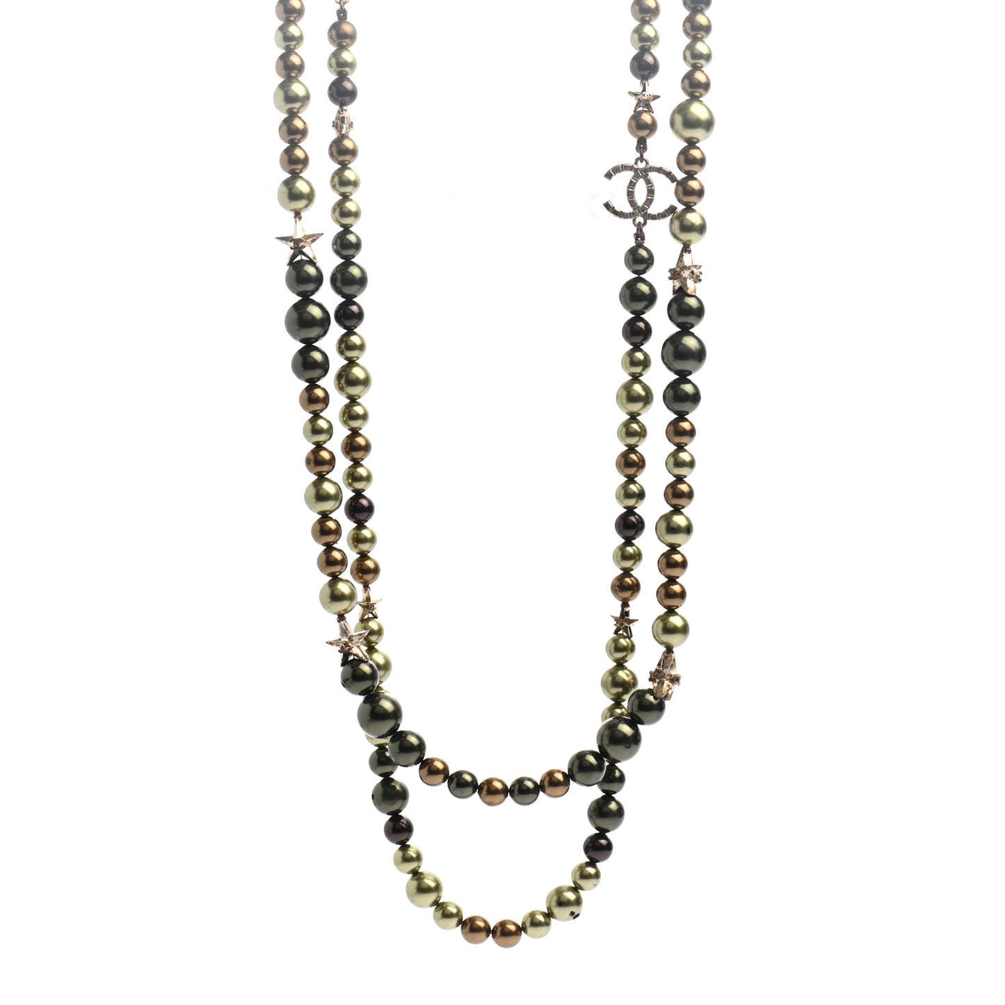 Pearl Star CC Multi Strand Long Necklace Green Gold