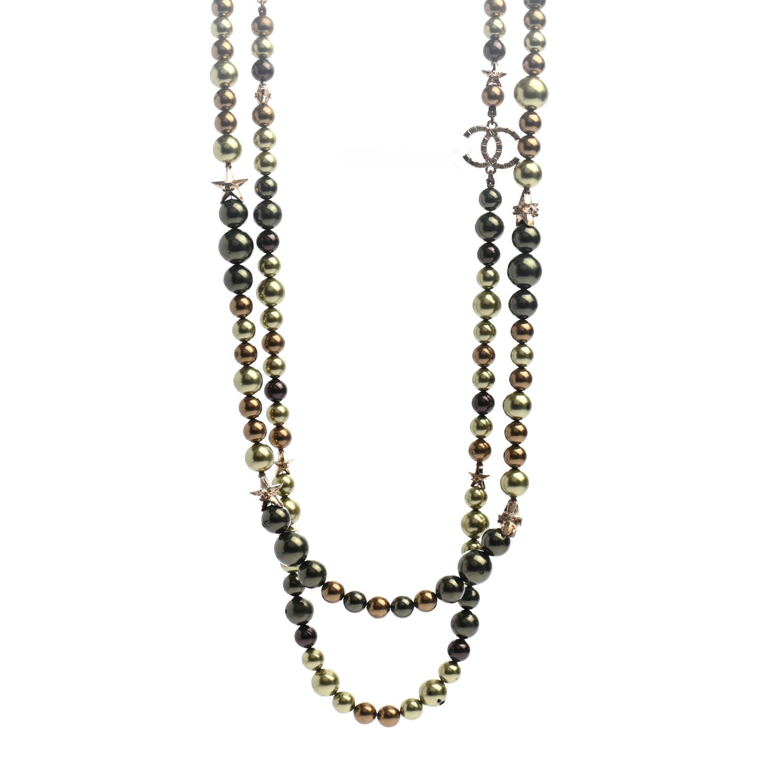 Chanel Pearl Star CC Multi Strand Long Necklace Green Gold 1 of 6