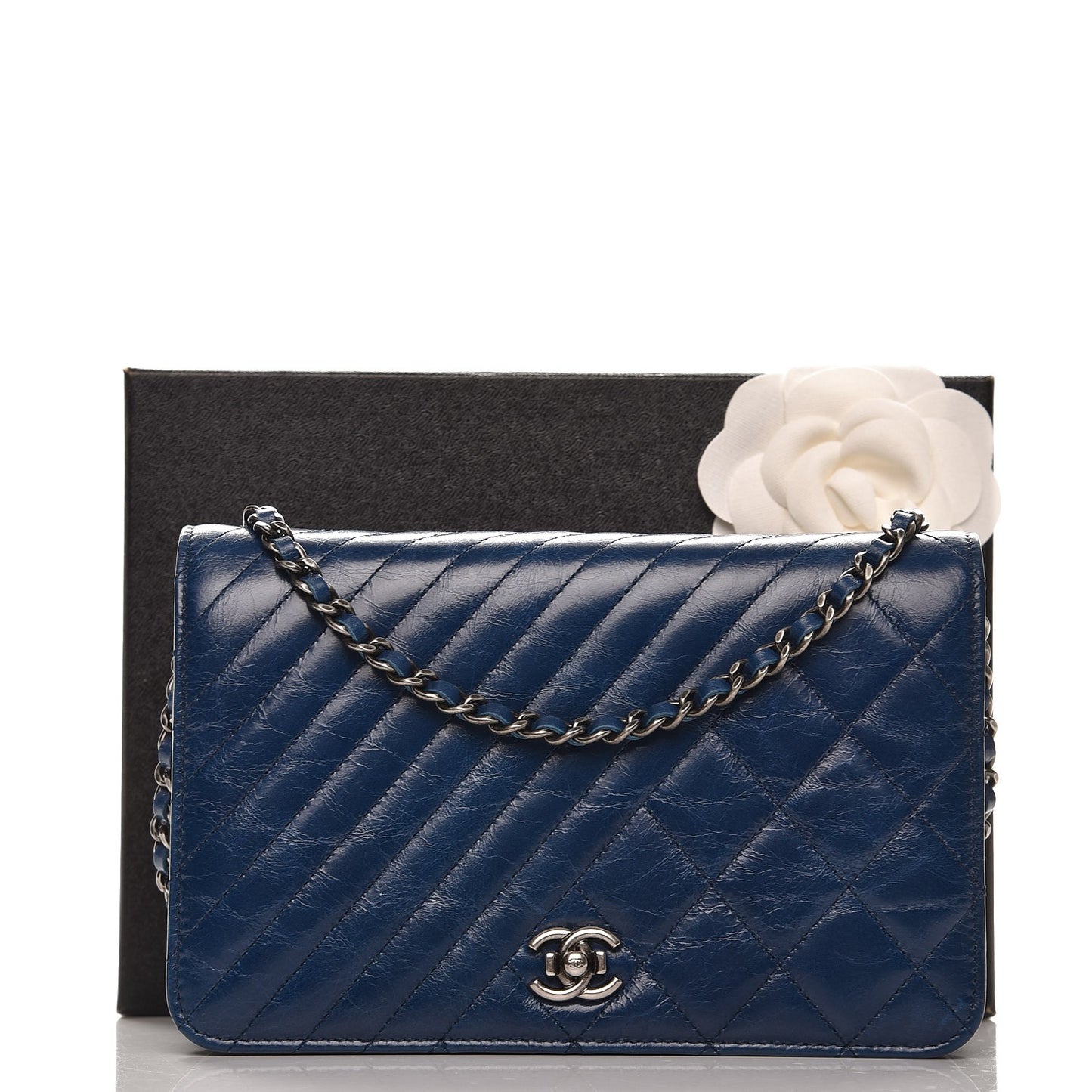 Glazed Calfskin Quilted Coco Boy Wallet On Chain WOC Blue