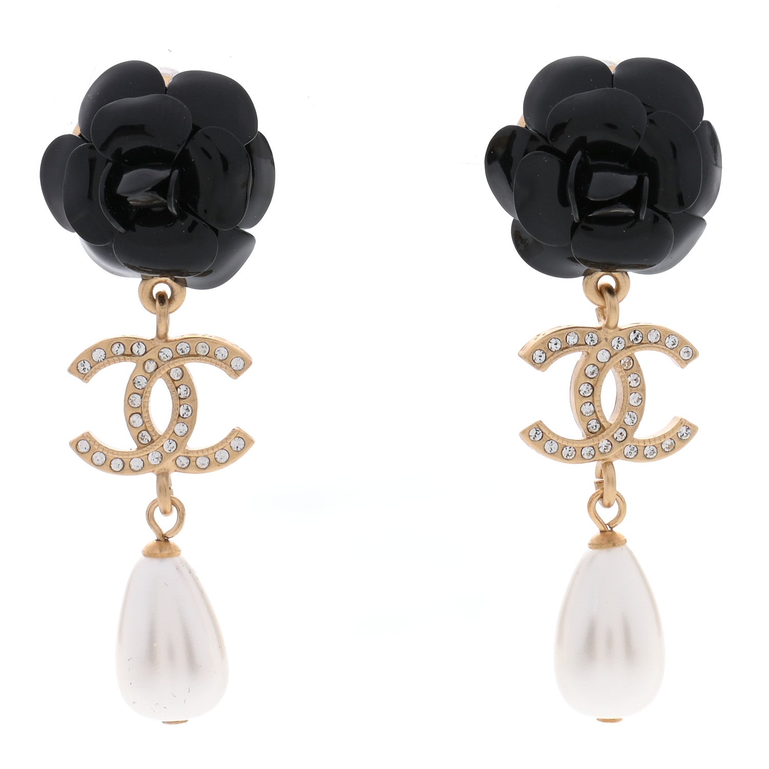 Chanel Enamel Crystal Pearl CC Camellia Drop Earrings Black Gold 1 of 4