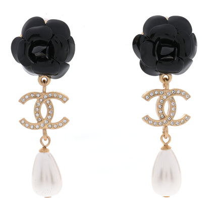 Chanel Enamel Crystal Pearl CC Camellia Drop Earrings Black Gold 1 of 4