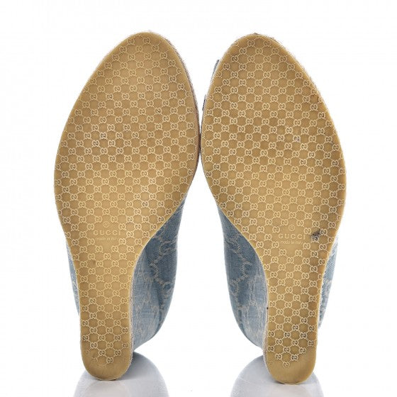 Denim Monogram Horsebit Open Toe Espadrille Wedges 39.5 Blue