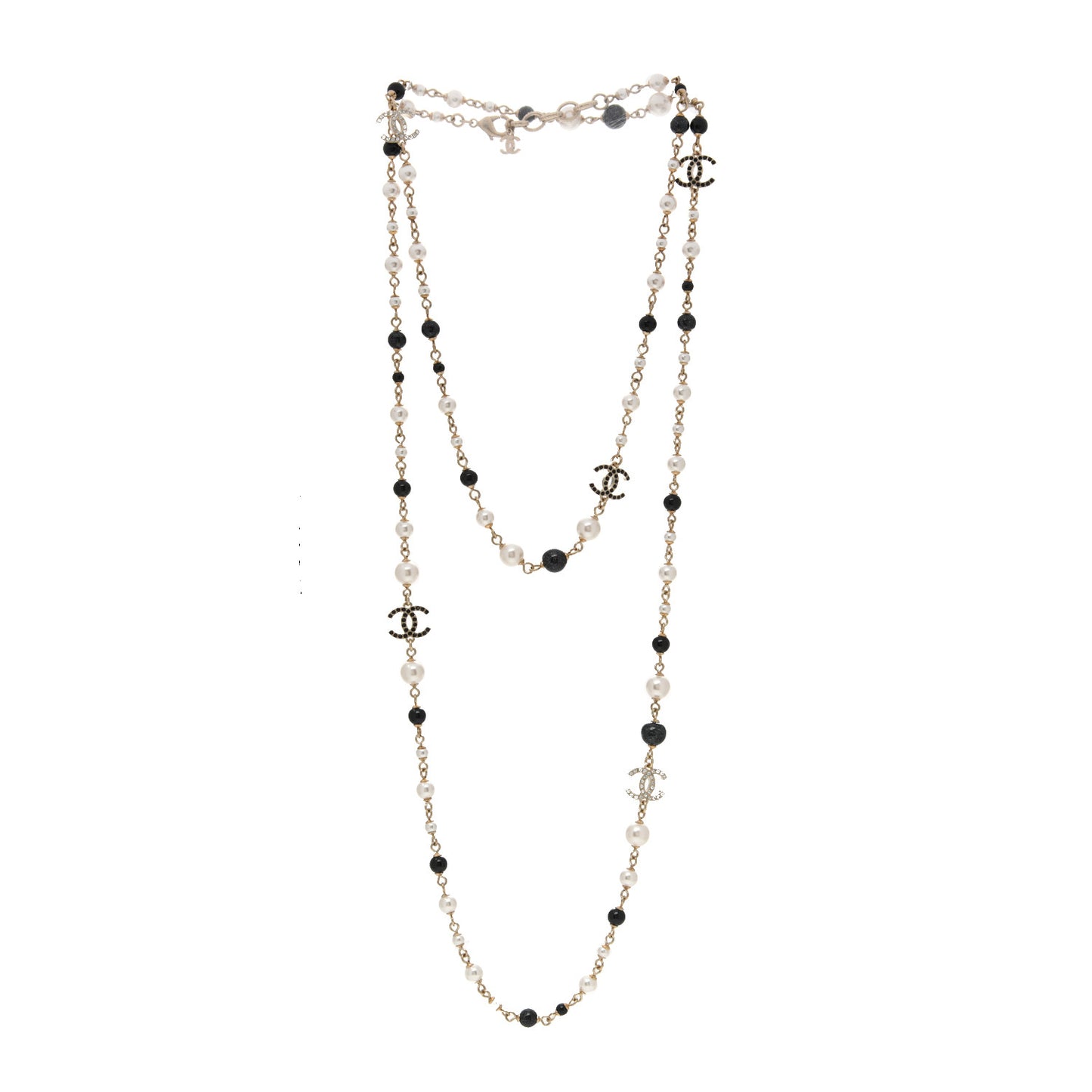 Pearl Bead Crystal CC Long Necklace Black Gold