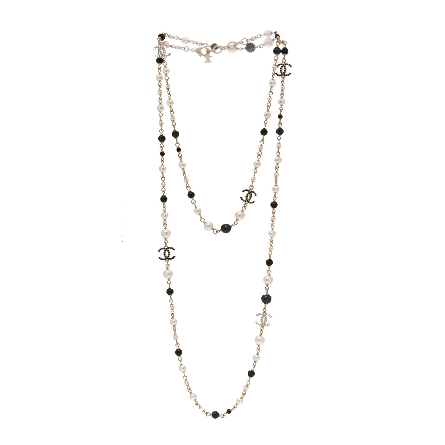 Chanel Pearl Bead Crystal CC Long Necklace Black Gold 3 of 5