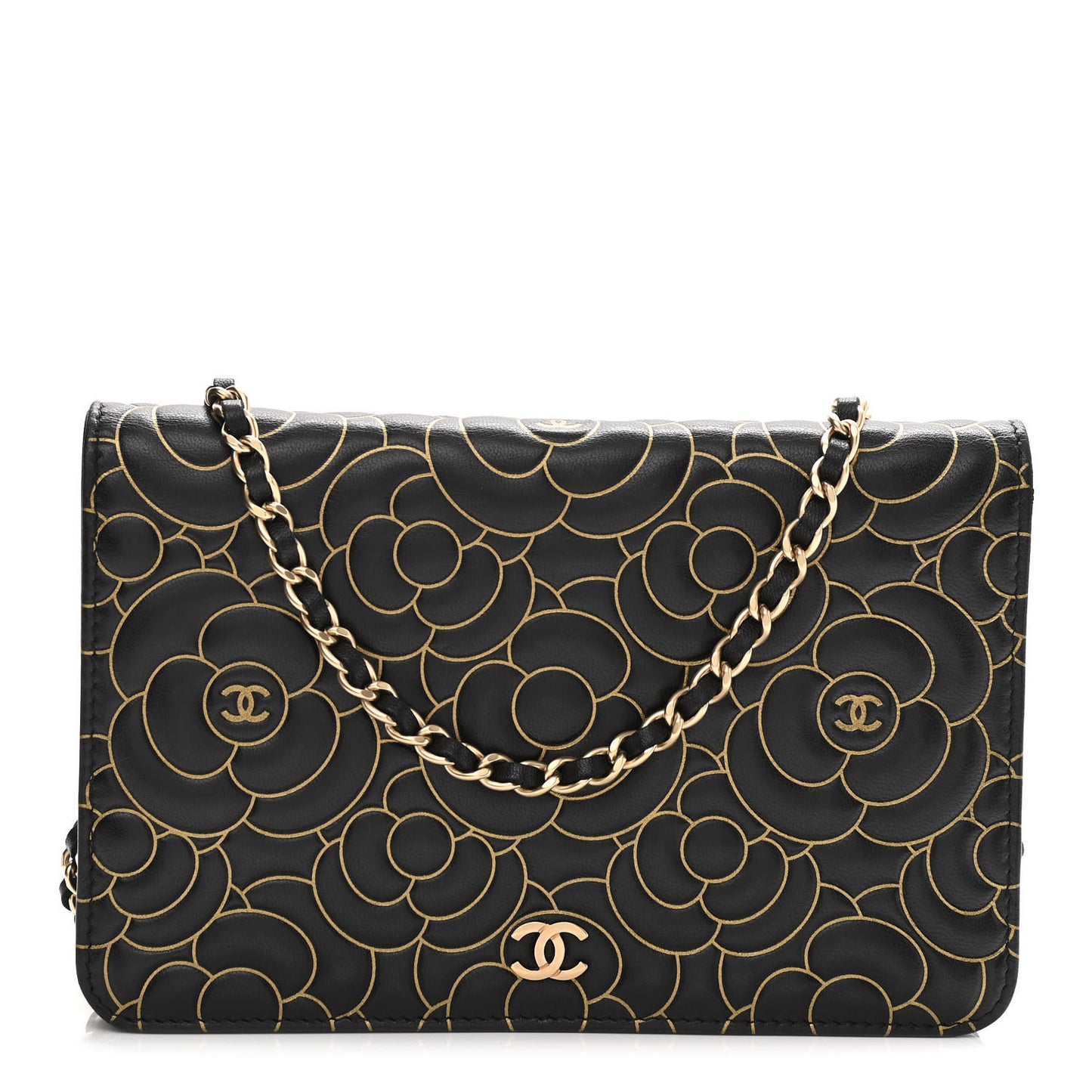 Lambskin Camellia Embossed Wallet On Chain WOC Black Gold