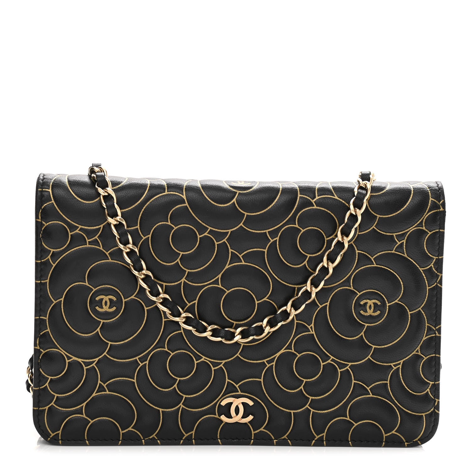 Chanel Lambskin Camellia Embossed Wallet On Chain WOC Black Gold 1 of 13