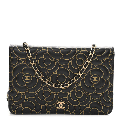 Chanel Lambskin Camellia Embossed Wallet On Chain WOC Black Gold 1 of 13