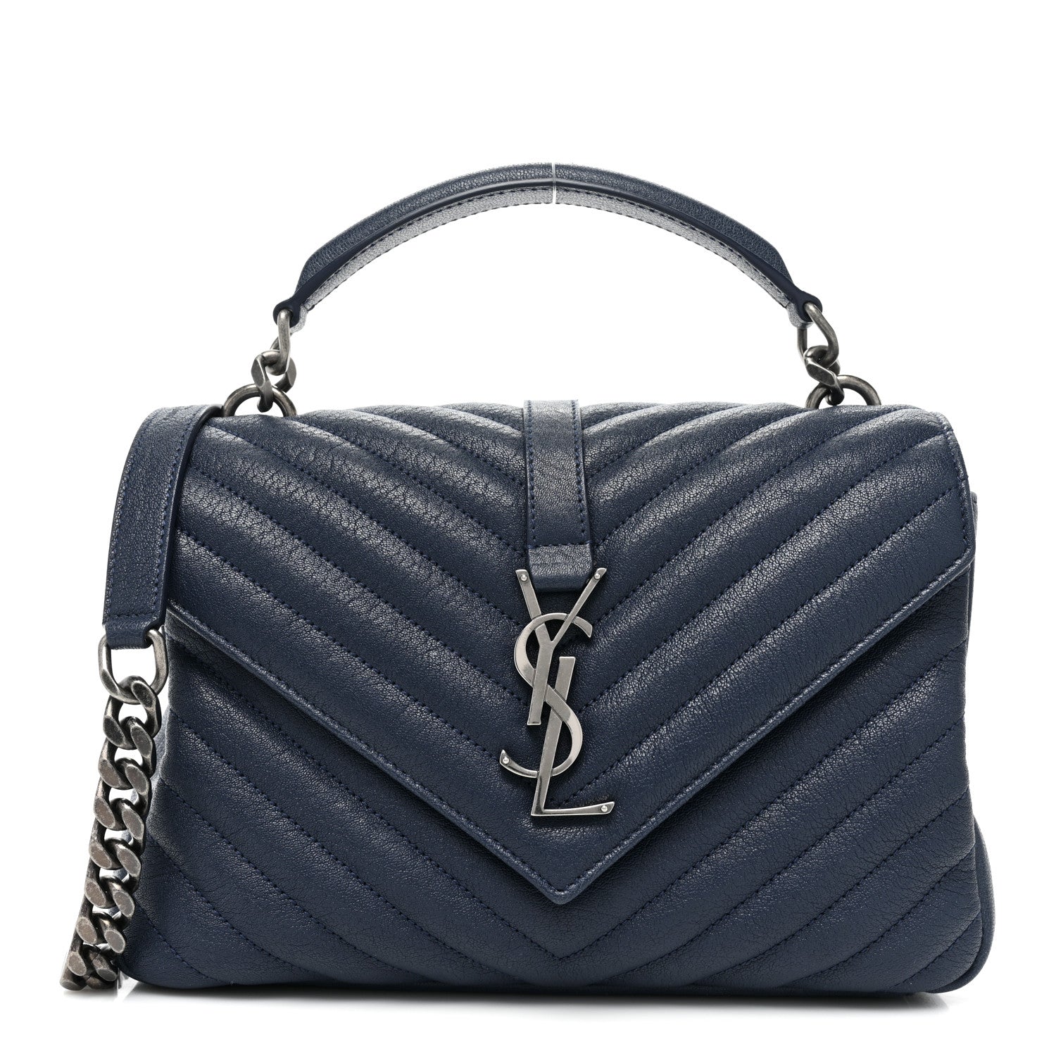 Saint Laurent Sheepskin Matelasse Chevron Monogram Medium College Bag Navy 1 of 13