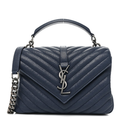 Saint Laurent Sheepskin Matelasse Chevron Monogram Medium College Bag Navy 1 of 13
