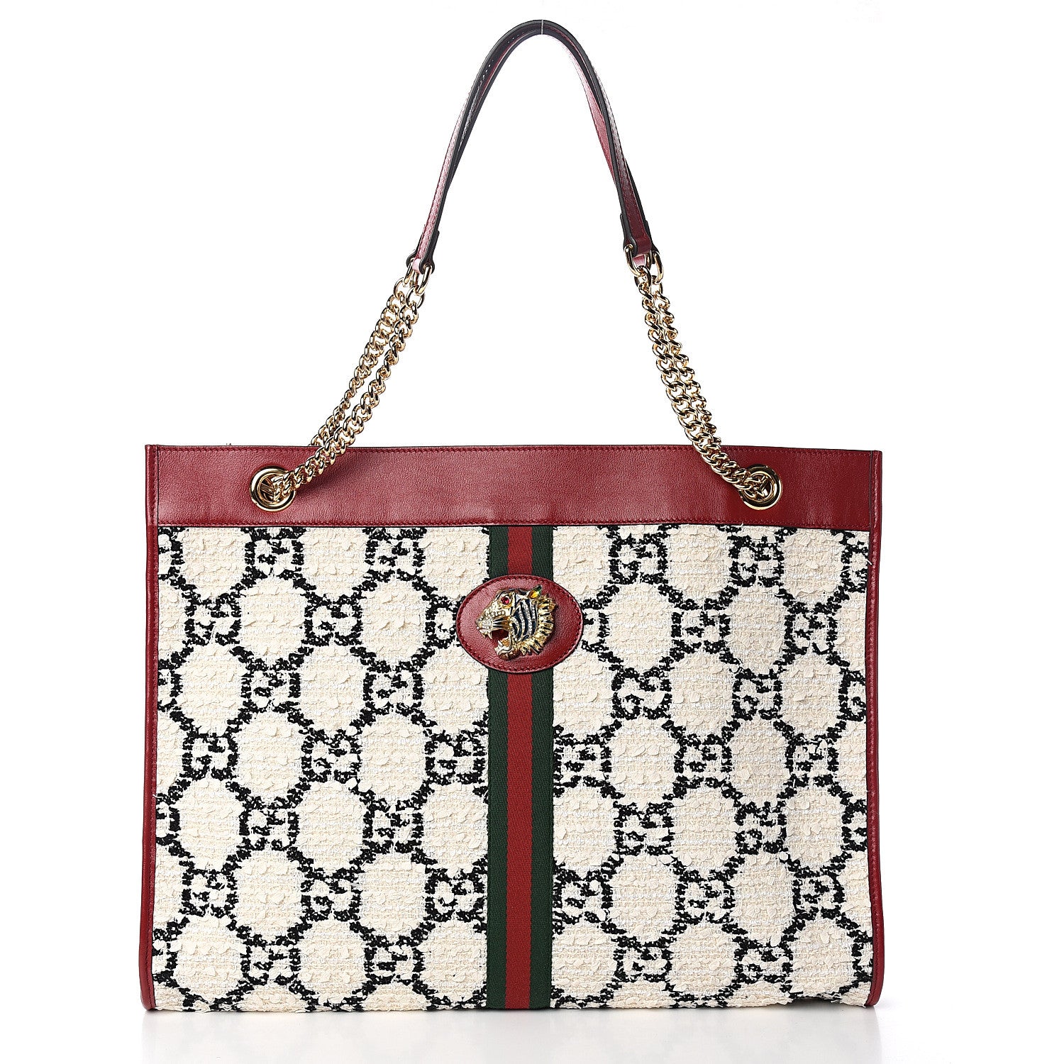 Gucci Tweed GG Monogram Large Rajah Chain Tote White Black Romantic Cherry 2 of 10