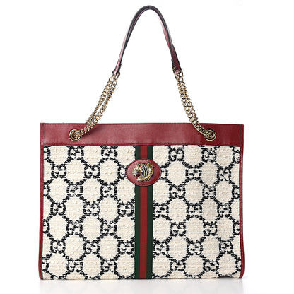 Gucci Tweed GG Monogram Large Rajah Chain Tote White Black Romantic Cherry 2 of 10