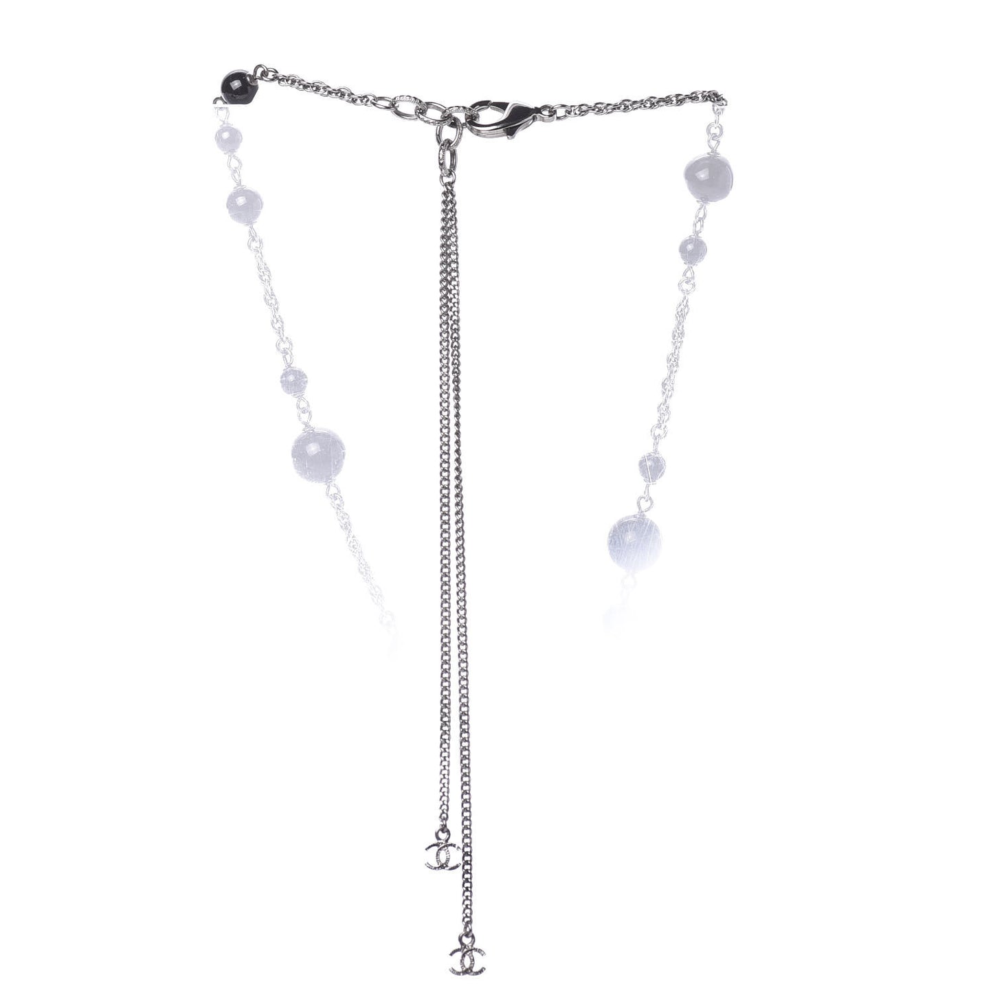 Crystal Pearl Beaded Enamel Camellia CC Pendant Necklace Silver Black
