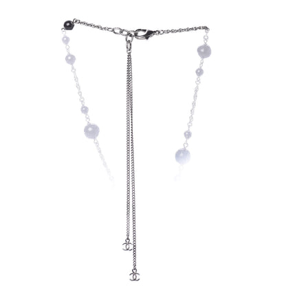 Chanel Crystal Pearl Beaded Enamel Camellia CC Pendant Necklace Silver Black 8 of 9