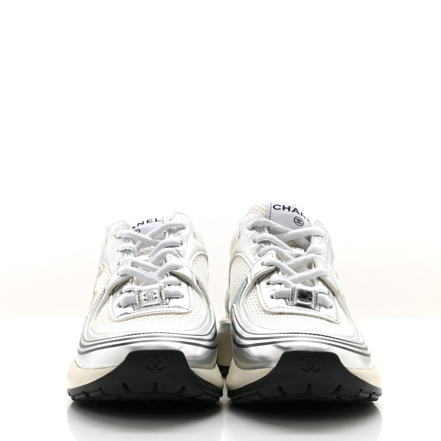 Fabric Laminated Calfskin Stretch CC Sneakers 36.5 White Silver