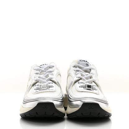 Chanel Fabric Laminated Calfskin Stretch CC Sneakers 36.5 White Silver 2 of 12