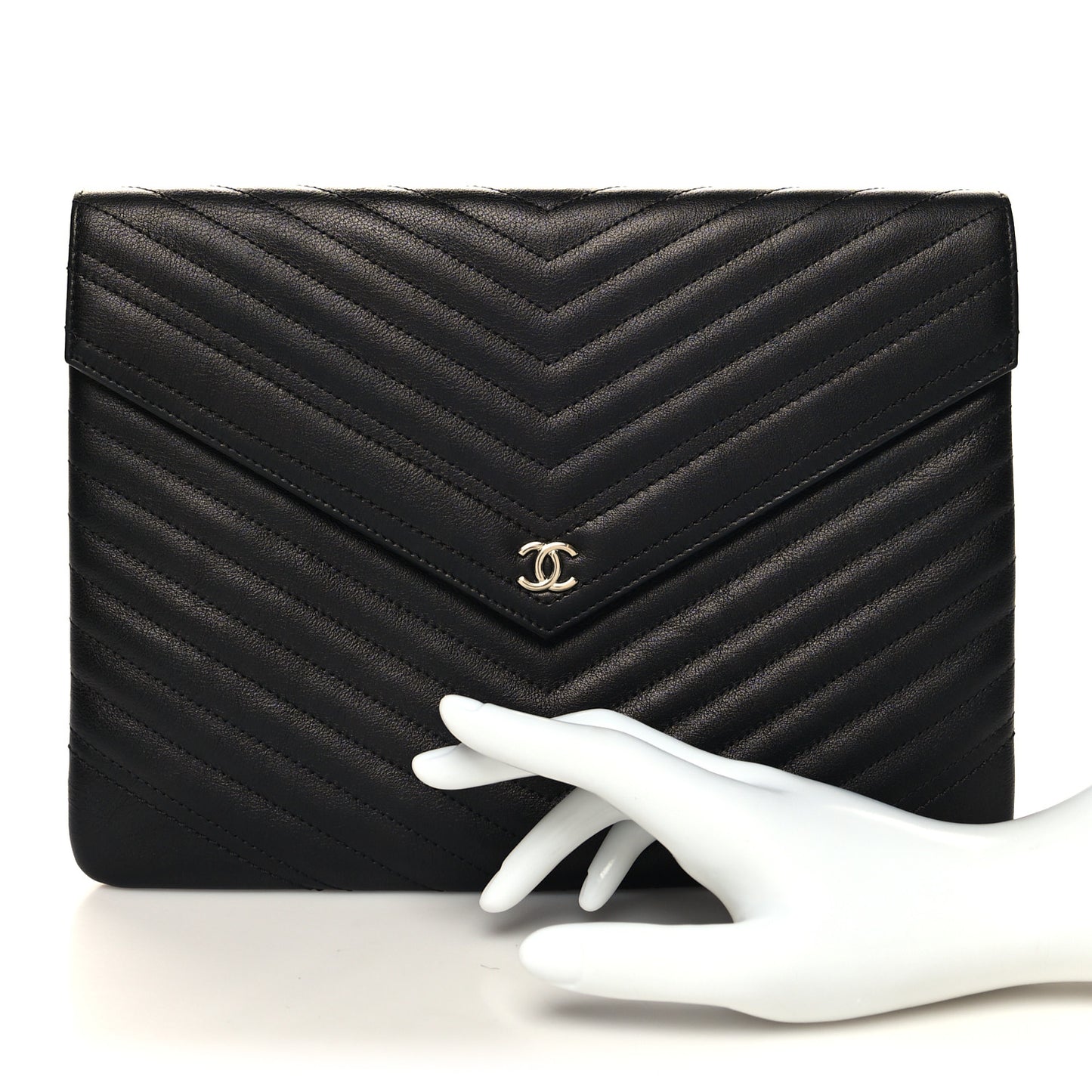 Calfskin Chevron Quilted Small Envelope Clutch Black