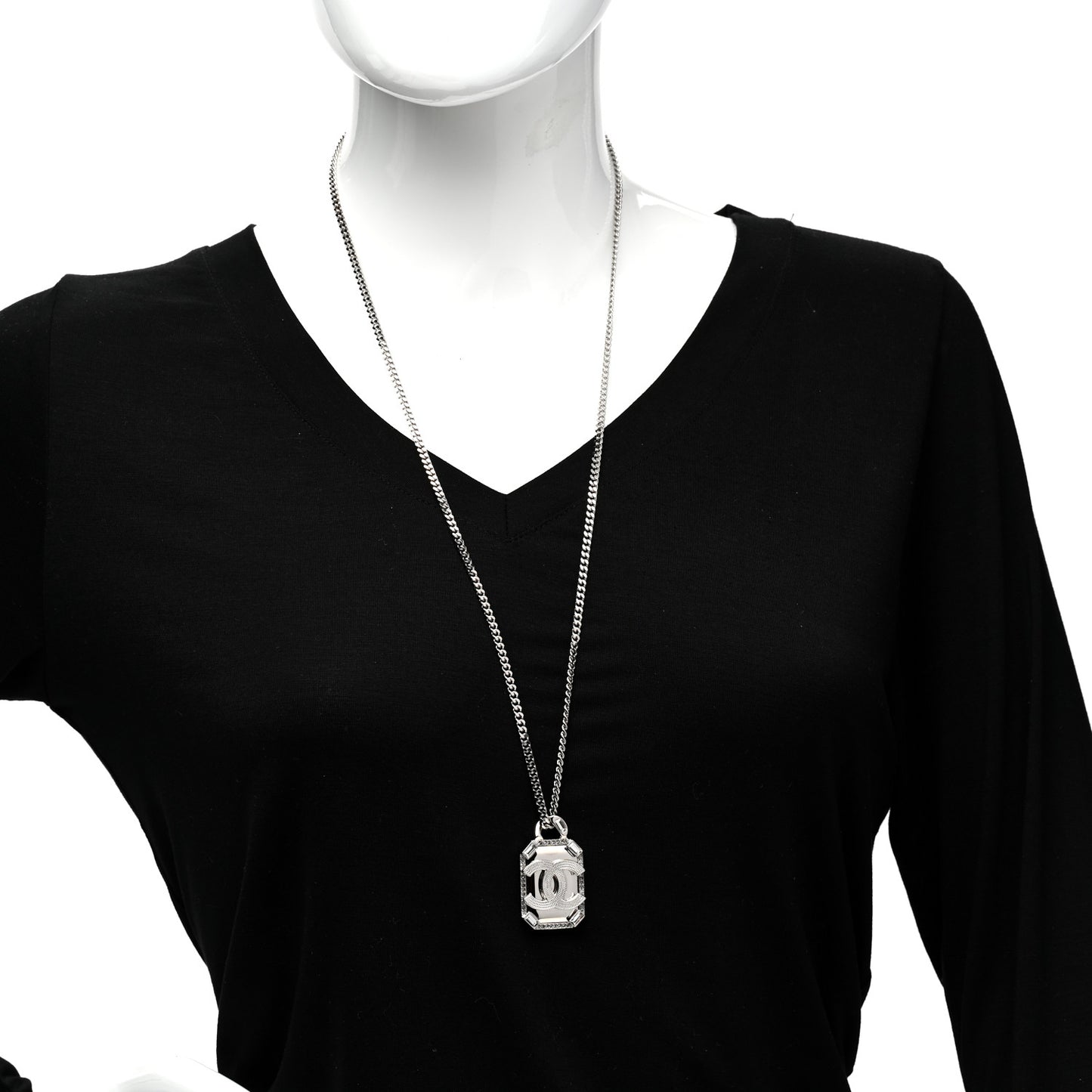 Crystal Baguette CC Mirror Pendant Necklace Silver
