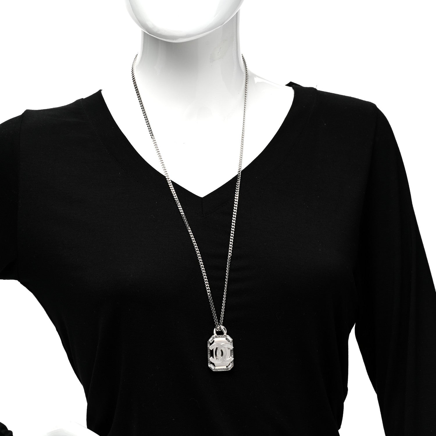 Chanel Crystal Baguette CC Mirror Pendant Necklace Silver 2 of 5