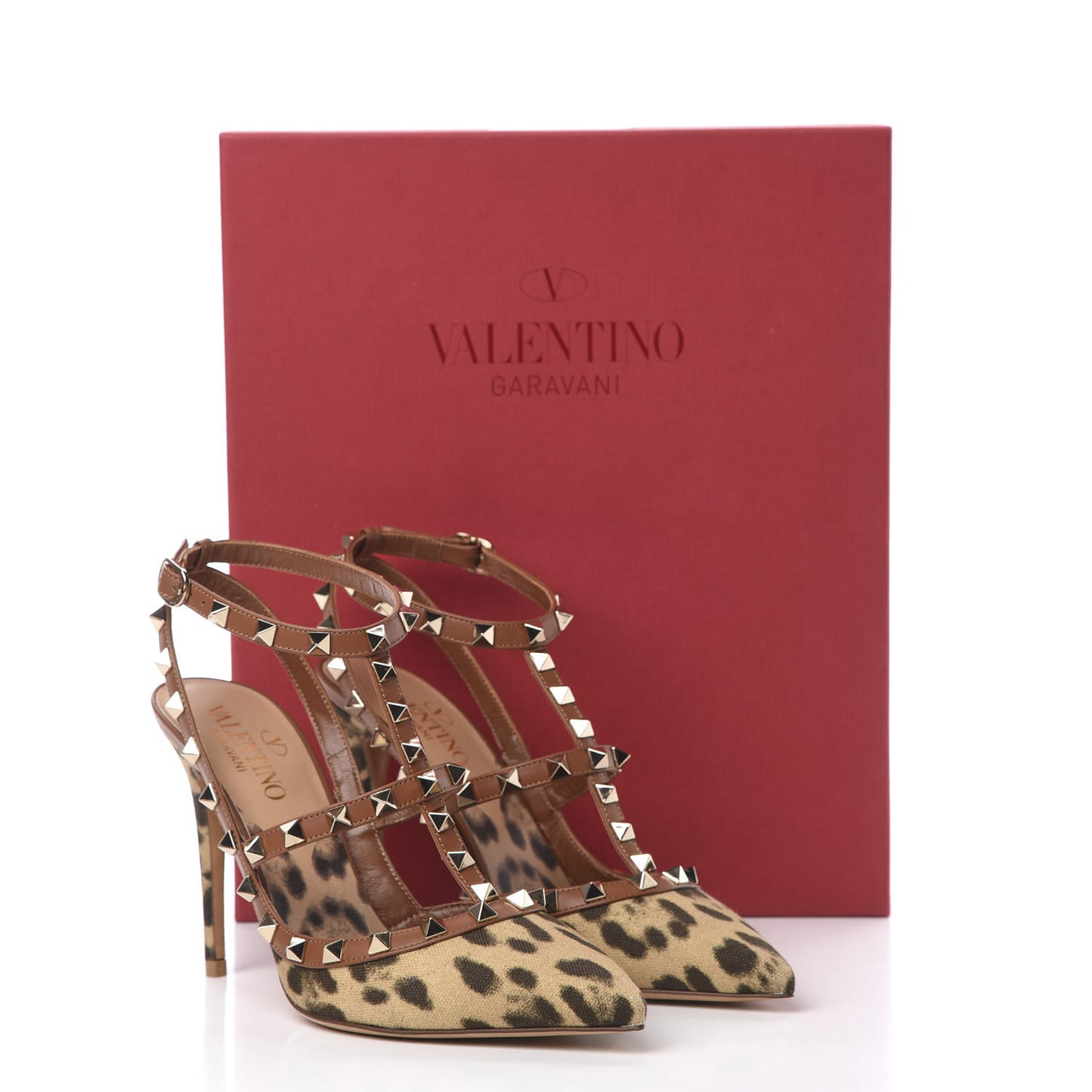 Canvas Leopard Print Rockstud Ankle Strap Pumps 37 Tan