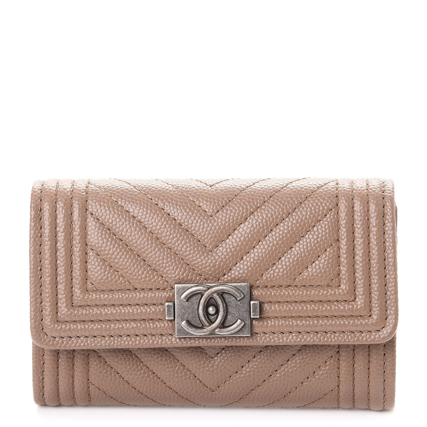 Caviar Chevron Quilted Boy Card Holder Wallet Dark Beige