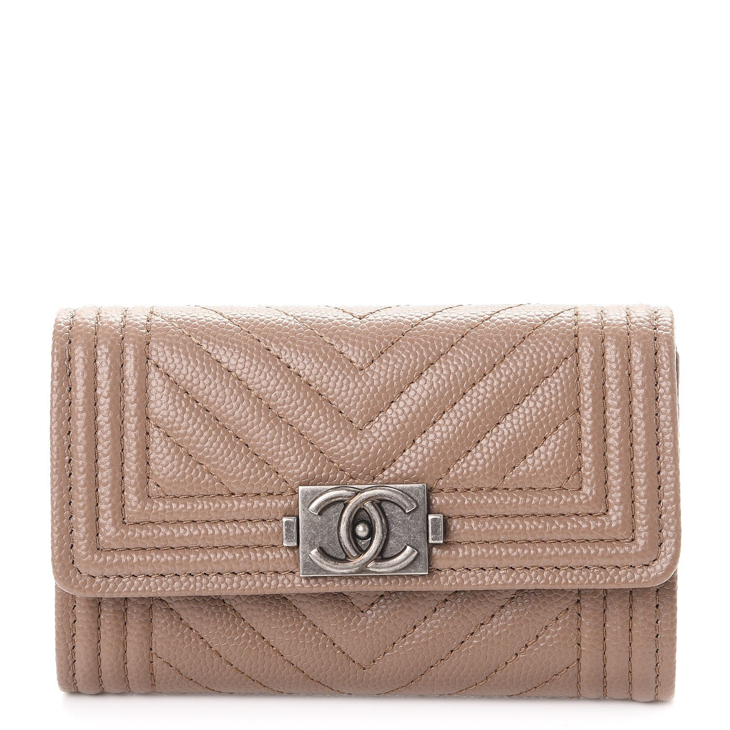 Chanel Caviar Chevron Quilted Boy Card Holder Wallet Dark Beige 1 of 9