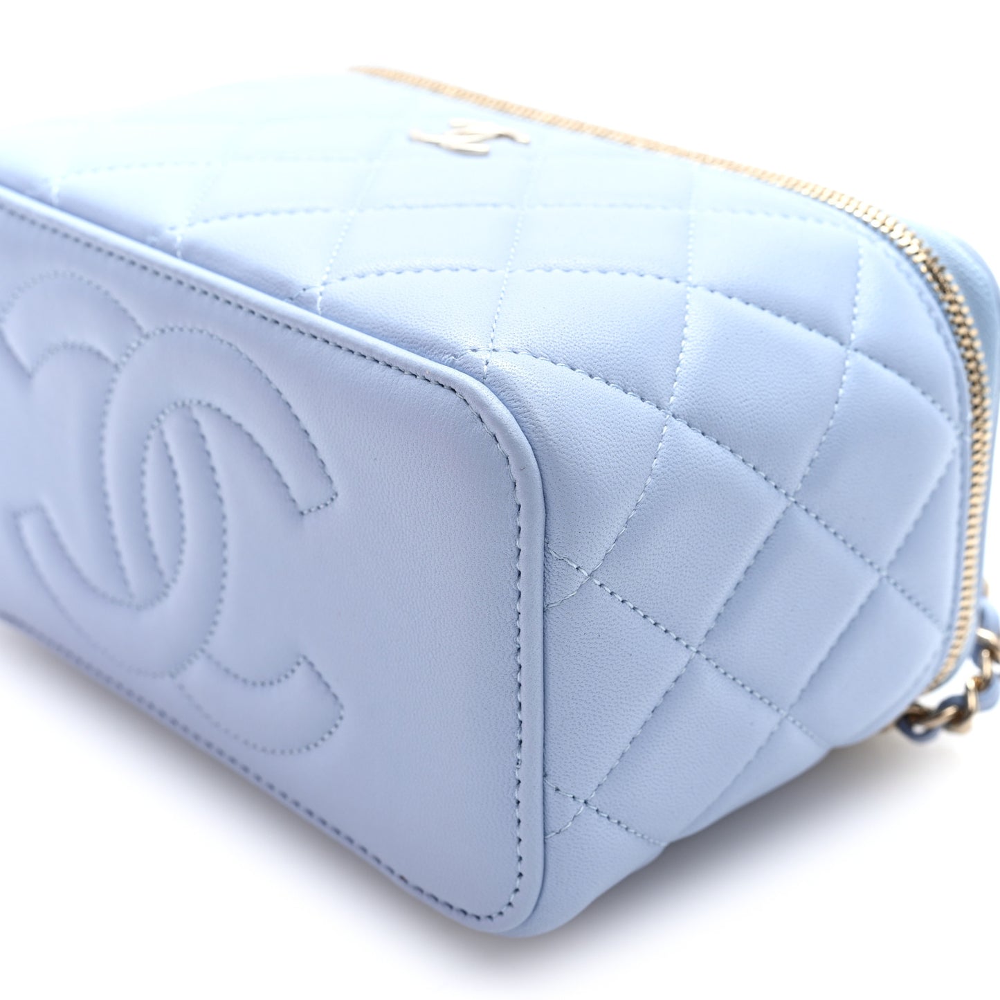 Lambskin Quilted Small Top Handle Vanity Case With Chain Light Blue