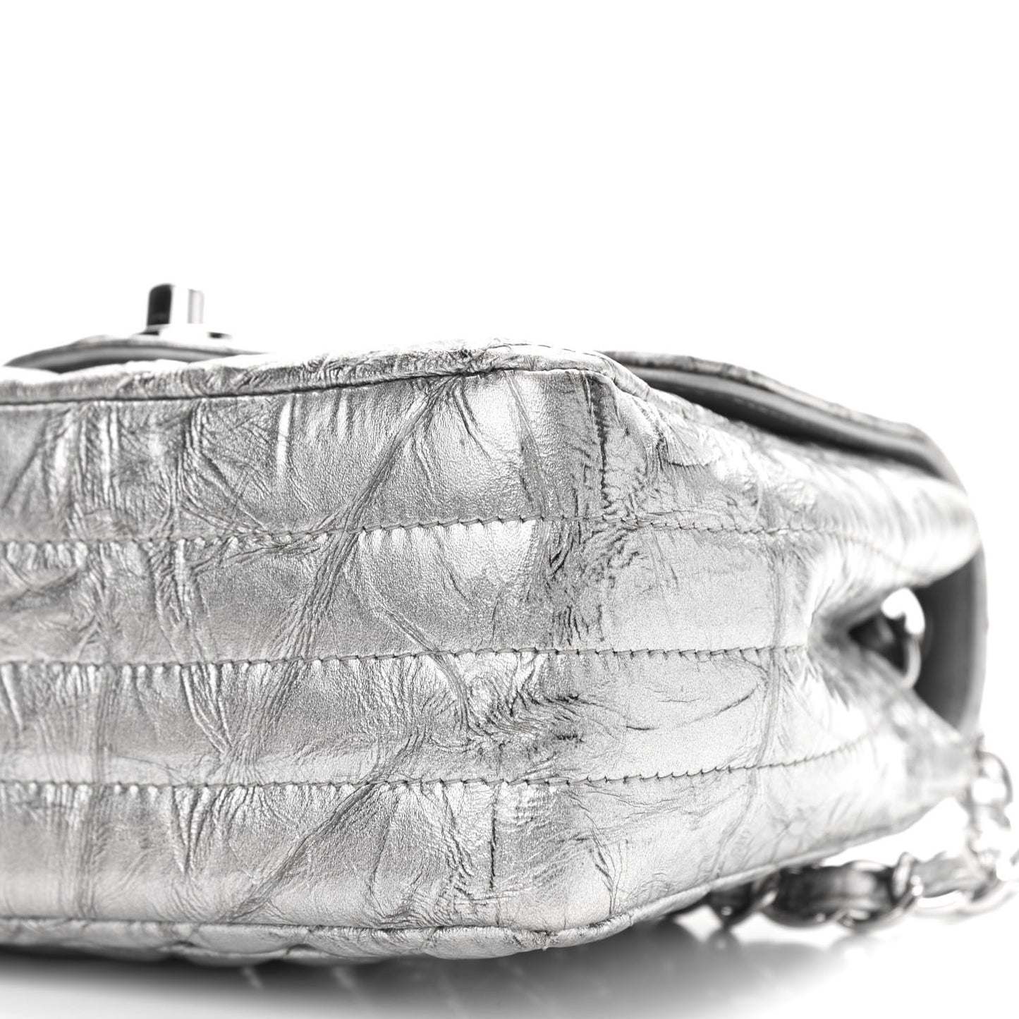 Metallic Patent Crumpled Calfskin Chevron Quilted Mini Square Flap Silver