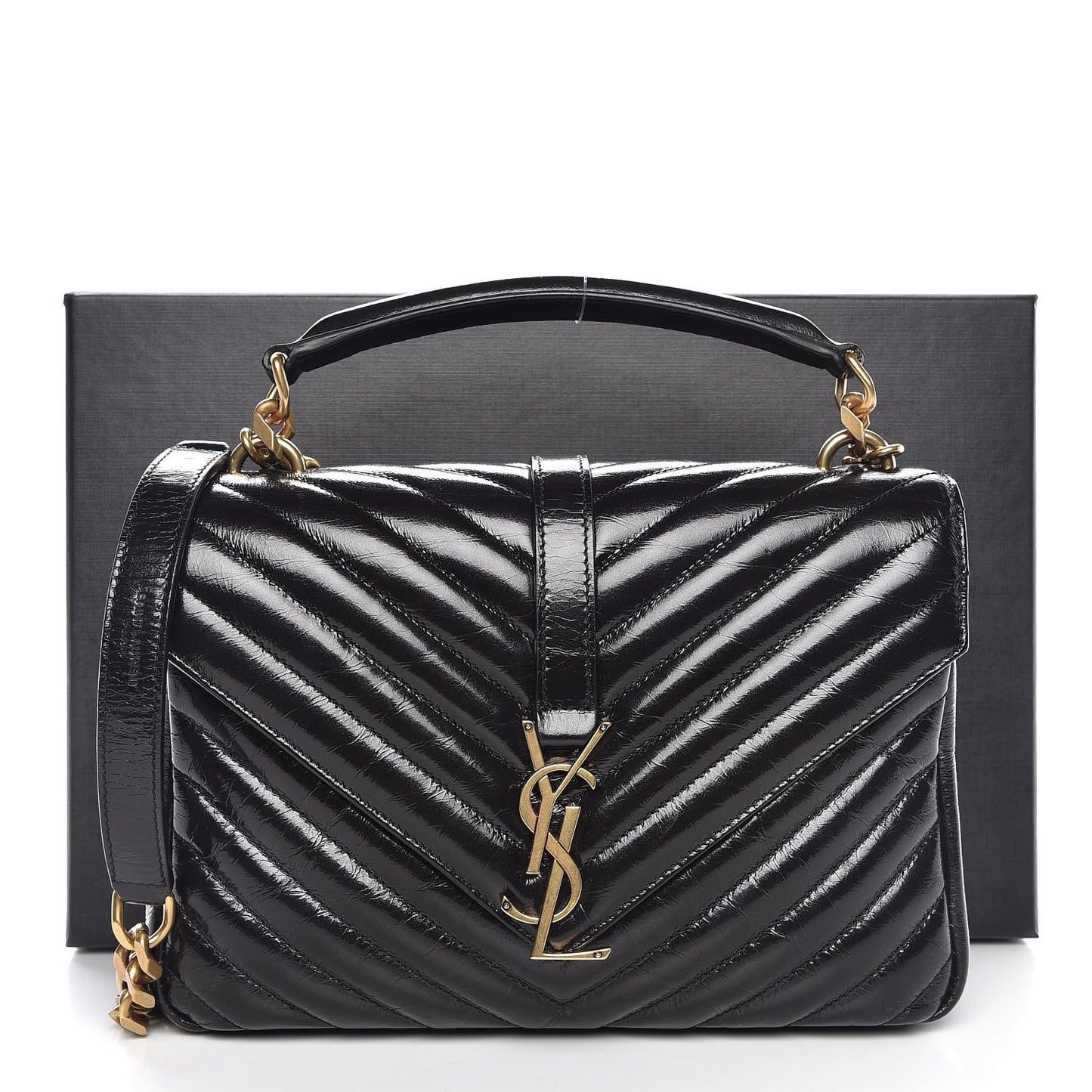 Cracked Shiny Calfskin Matelasse Chevron Monogram Medium College Bag Black