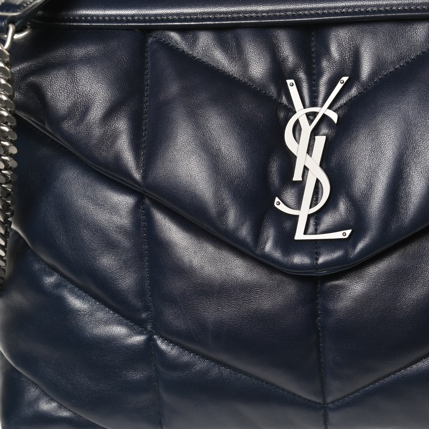 Saint Laurent Lambskin Quilted Medium Loulou Puffer Monogram Chain Satchel Navy 12 of 12