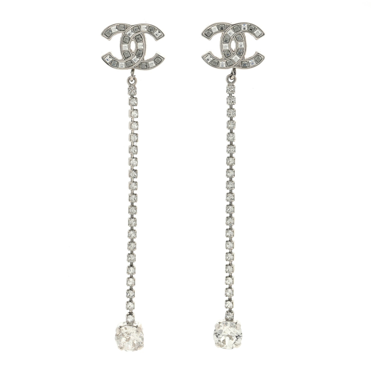 Metal Baguette Round Crystal CC Drop Long Earrings Silver