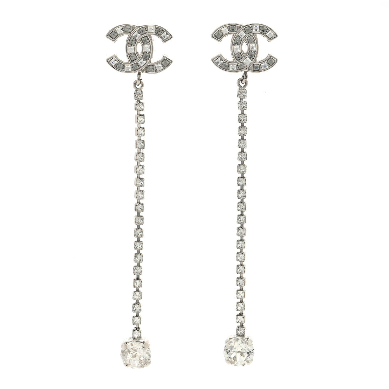Chanel Metal Baguette Round Crystal CC Drop Long Earrings Silver 1 of 3