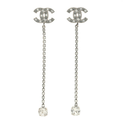 Chanel Metal Baguette Round Crystal CC Drop Long Earrings Silver 1 of 3
